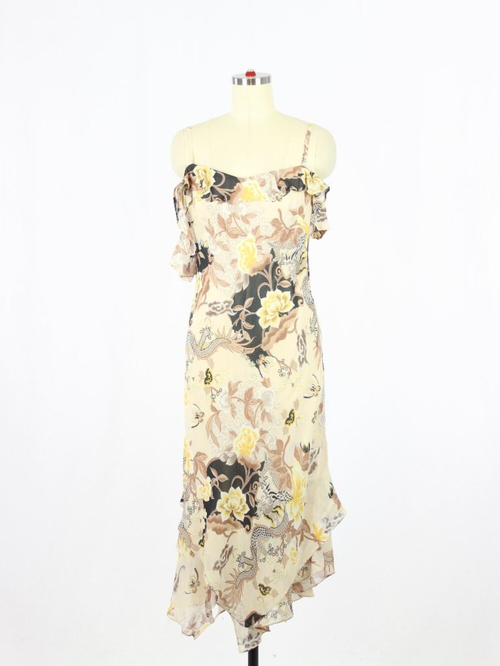 Vintage 00's Y2K Dragon Floral Ruffle Asymmetrical Whimsygoth Midi Dress, Size S